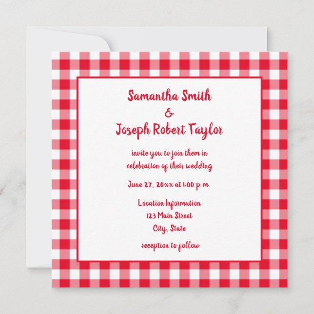 Invitation Mariage En vichy plaid rouge et blanc (Devant)