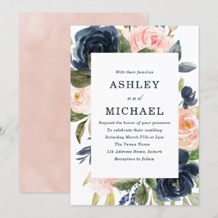 Invitation Mariage encadré Marine & Blush Watercolor