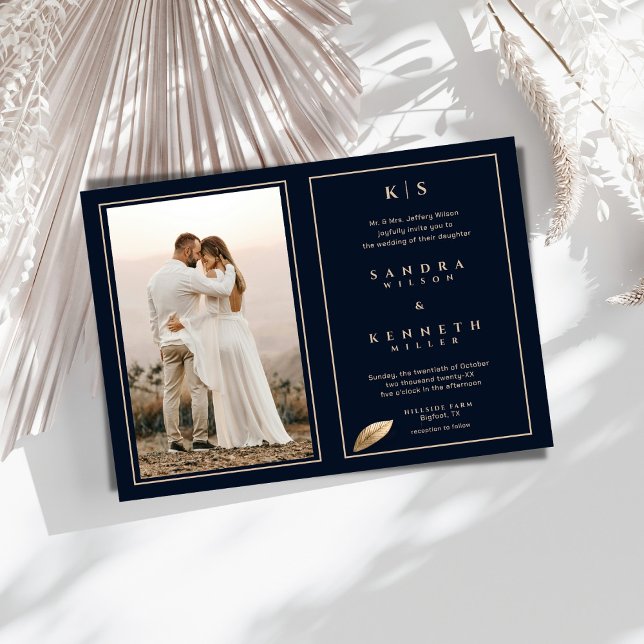Invitation Mariage encadré photo bleu marine simple et élégan (Créateur téléchargé)