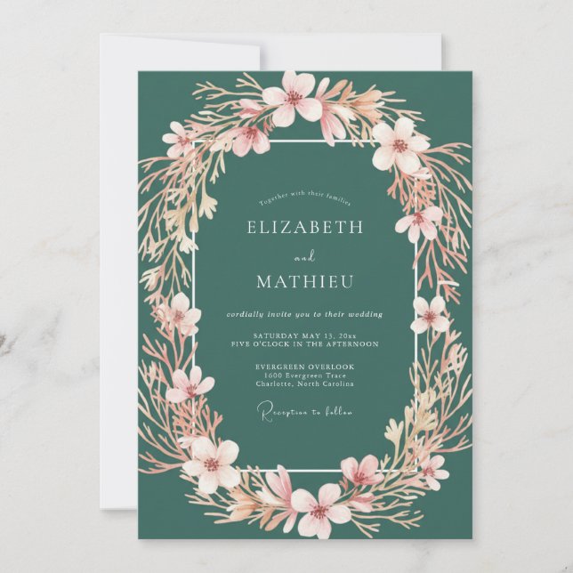 Invitation Mariage enchanté dans une forêt émeraude verte et  (Devant)
