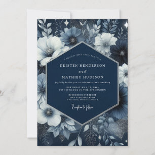 Invitation Mariage Enchanté de Fleurs Bleu Marine