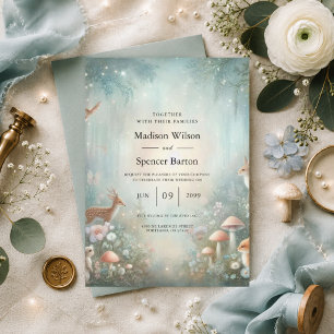 Invitation Mariage enchanté de forêt aux tons de thé et de pê