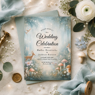 Invitation Mariage enchanté de forêt en bleu sarcelle et pêch