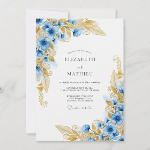 Invitation Mariage Enchanté Floral Or Bleu