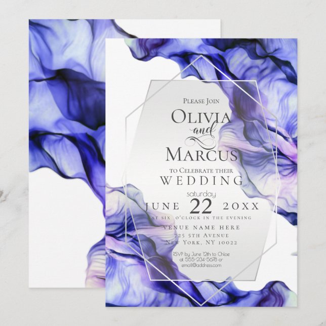 Invitation MARIAGE | Encre Abstraite Indigo de la Marine (Devant / Derrière)