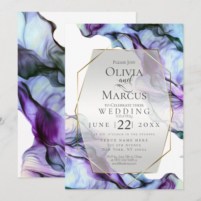 Invitation MARIAGE | Encre Abstraite Indigo Turquoise vibrant (Devant / Derrière)