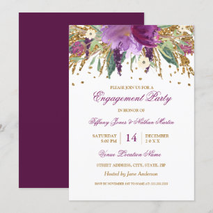 Invitation Mariage Engagement Fête Améthyste Floral Pourpre