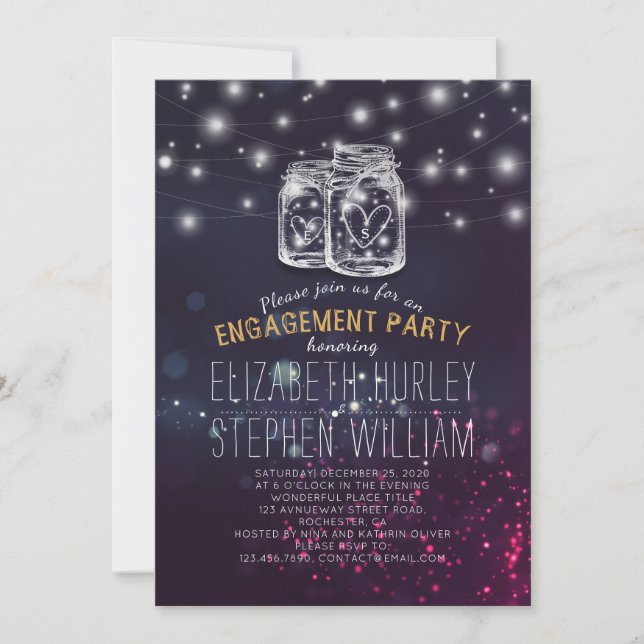 Invitation Mariage Engagement Party Mason Jar Lumières violet (Devant)