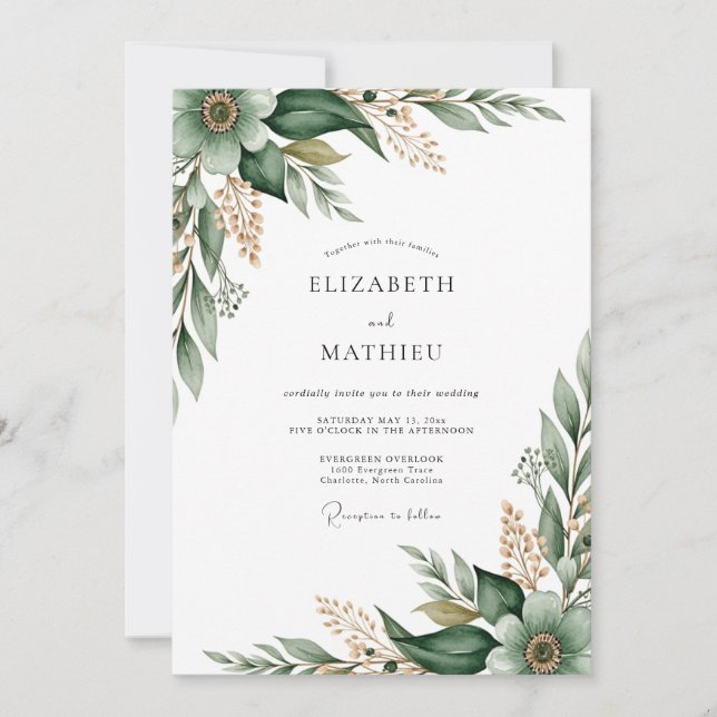 Invitation Mariage Épanouissement Botanique Émeraude (Devant)