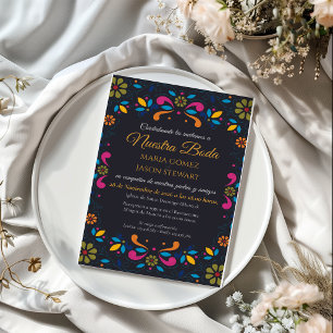 Invitation Mariage Espagnol Boda Fête Noire Florale Colorée