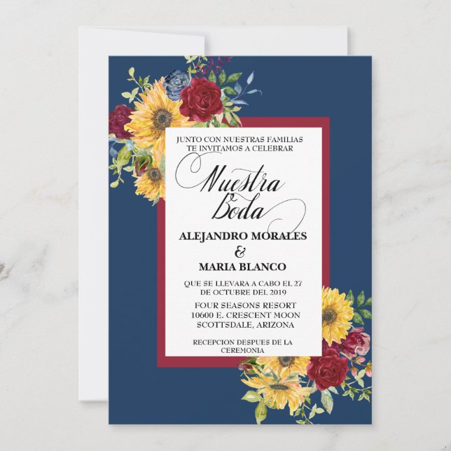 Invitation Mariage espagnol Bourgogne tournesol Nuestra Boda (Devant)