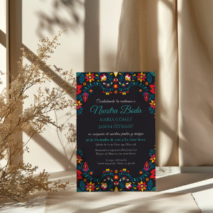 Invitation Mariage Espagnol Élégant Floral Coloré Noir Boda