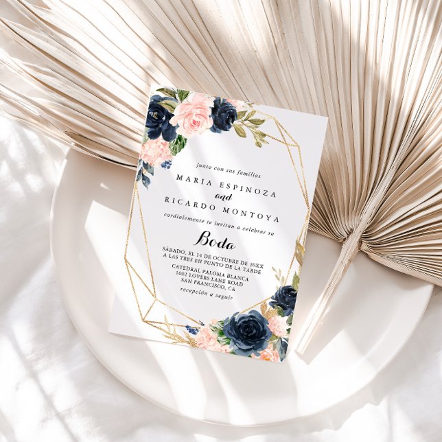 Invitation Mariage espagnol fleuri hiver or géométrique (Créateur téléchargé)