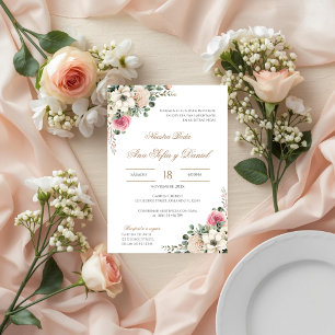 Invitation Mariage espagnol floral blanc et rose