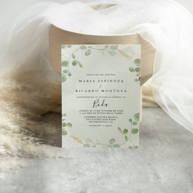 Invitation Mariage espagnol Gold Confetti Eucalyptus Foliage (Créateur téléchargé)