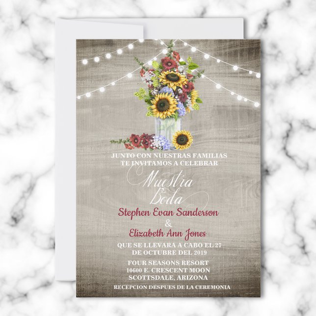 Invitation Mariage espagnol Sunflower Bourgogne Nuestra Boda (Créateur téléchargé)