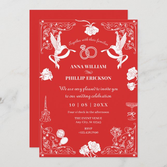 Invitation Mariage esthétique à main tiré floral (Devant / Derrière)