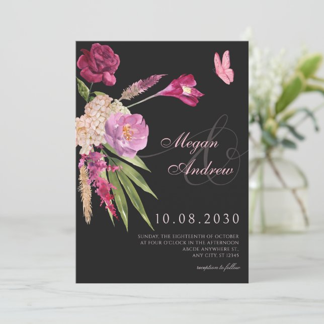 Invitation Mariage esthétique Floral noir (Debout devant)