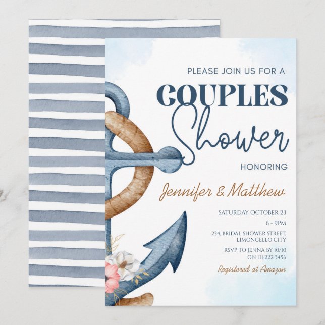 Invitation Mariage et Fête de Naissance Thème Fleur et Ancre  (Devant / Derrière)