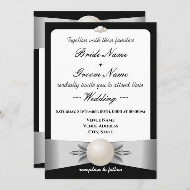 Invitation Mariage et réception en forme de perle de ruban bl (Devant / Derrière)