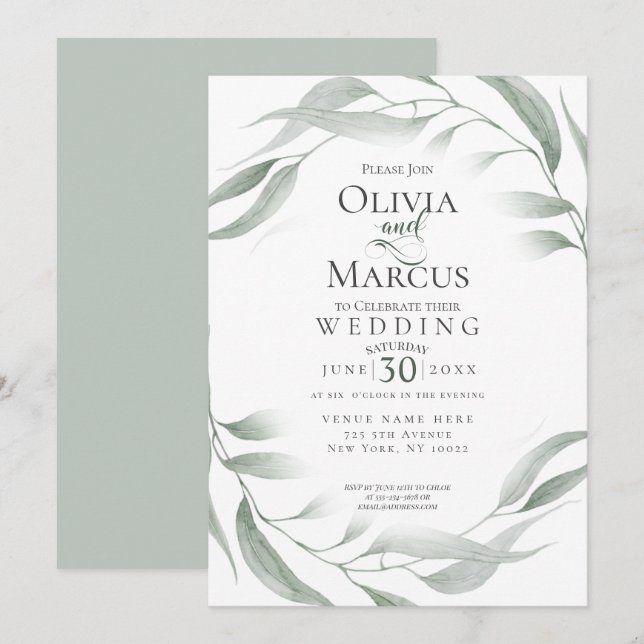 Invitation Mariage | Étanchéité feuillu vert bois (Devant / Derrière)