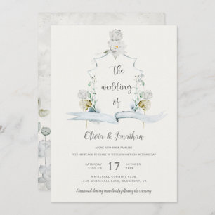 Invitation Mariage Ethereal White Floral Sage Green Crest