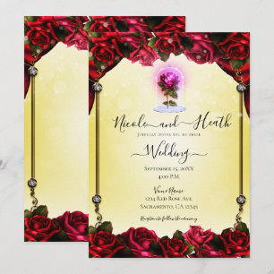 Invitation Mariage Étincelle Or Jaune Rose Rouge Lueur Magiqu