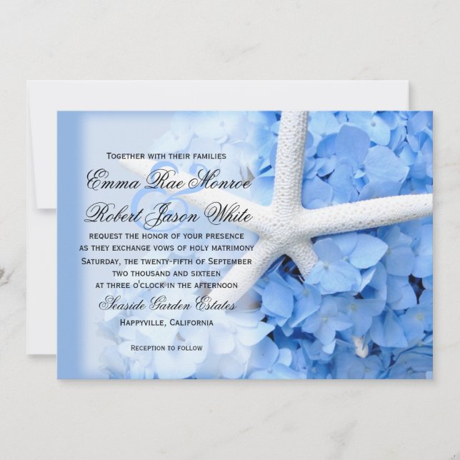 Invitation Mariage étoile de mer et Hydrangea bleu tropical (Devant)