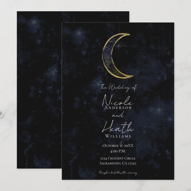 Invitation Mariage étoilé de nuit céleste de lune noire d'or (Devant / Derrière)