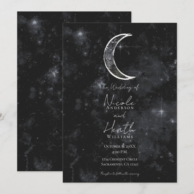 Invitation Mariage étoile noir blanc Lune céleste (Devant / Derrière)