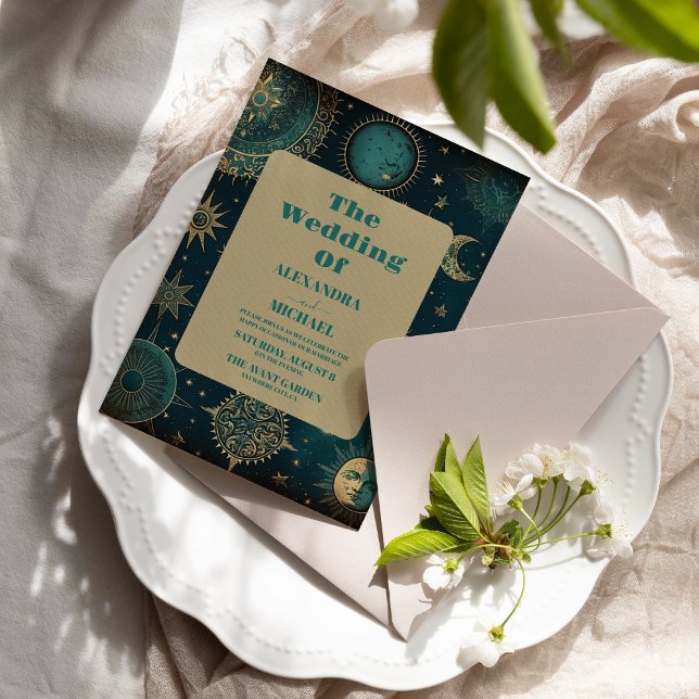 Invitation Mariage Étoiles Dorées Vert Minuit Céleste (Créateur téléchargé)