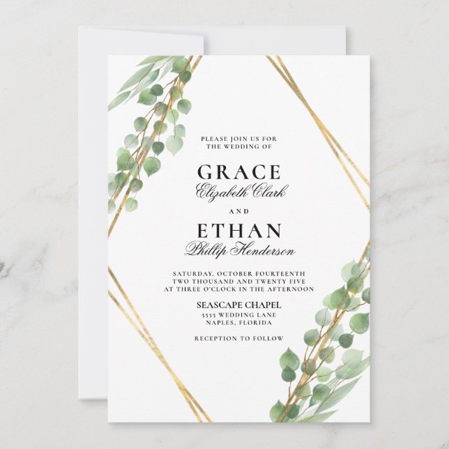 Invitation Mariage Eucalyptus à cadre doré géométrique (Devant)