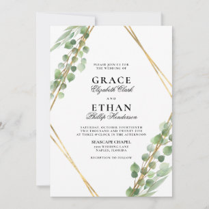 Invitation Mariage Eucalyptus à cadre doré géométrique
