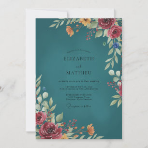 Invitation Mariage Eucalyptus au feuillage bordeaux sarcelle