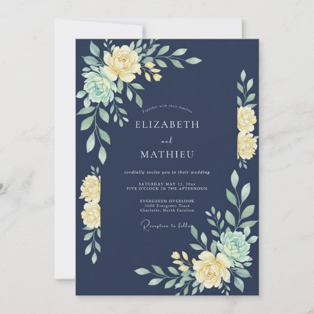 Invitation Mariage Eucalyptus au feuillage papillon indigo (Devant)