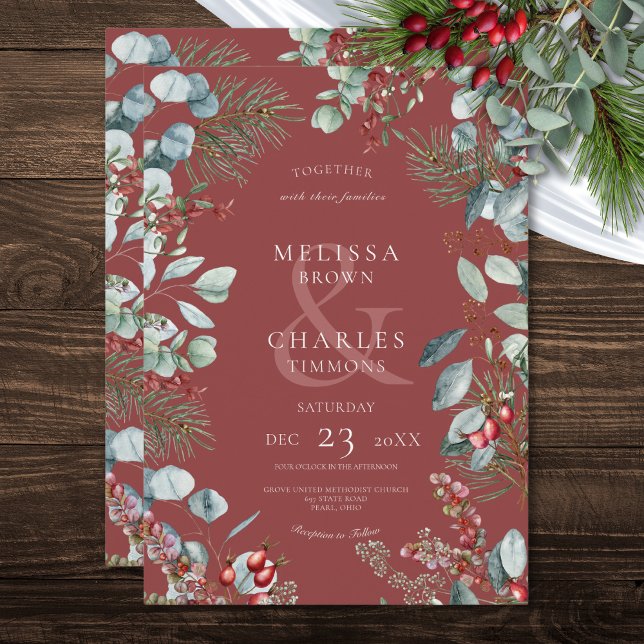 Invitation Mariage Eucalyptus aux baies de pin rouge (Red Winter Pine Berries Eucalyptus Wedding Invitation)