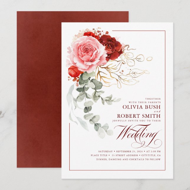 Invitation Mariage Eucalyptus Boho de Bourgogne Rouge rose (Devant / Derrière)