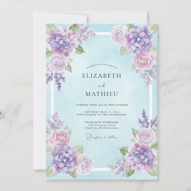Invitation Mariage Eucalyptus Ciel Hydrangea Violette (Devant)