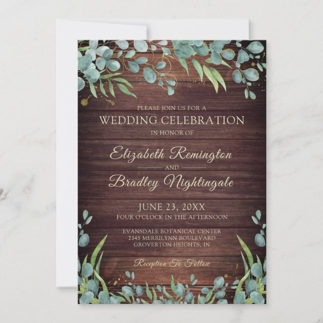 Invitation Mariage Eucalyptus en bois rustique (Devant)