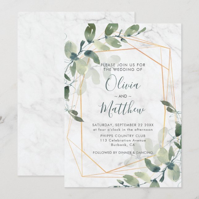 Invitation Mariage Eucalyptus en or géométrique marbre (Devant / Derrière)