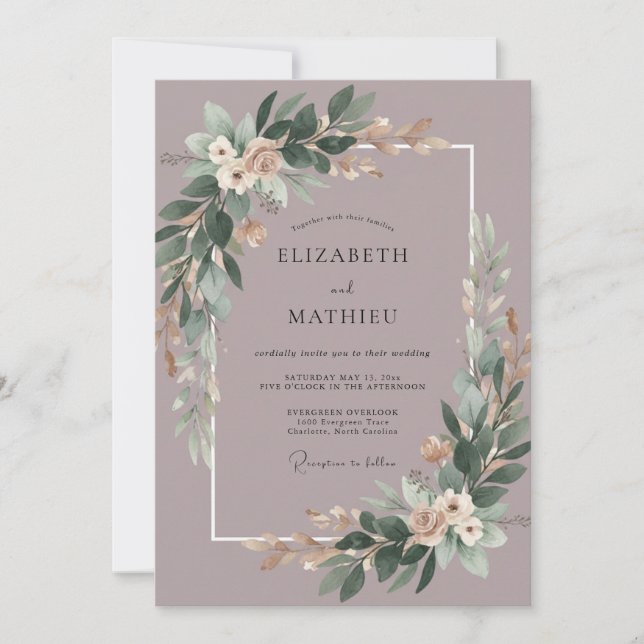 Invitation Mariage Eucalyptus et Prune Poussiéreux (Devant)
