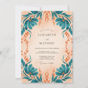 Invitation Mariage Eucalyptus Feuillage Abricot Sarcelle