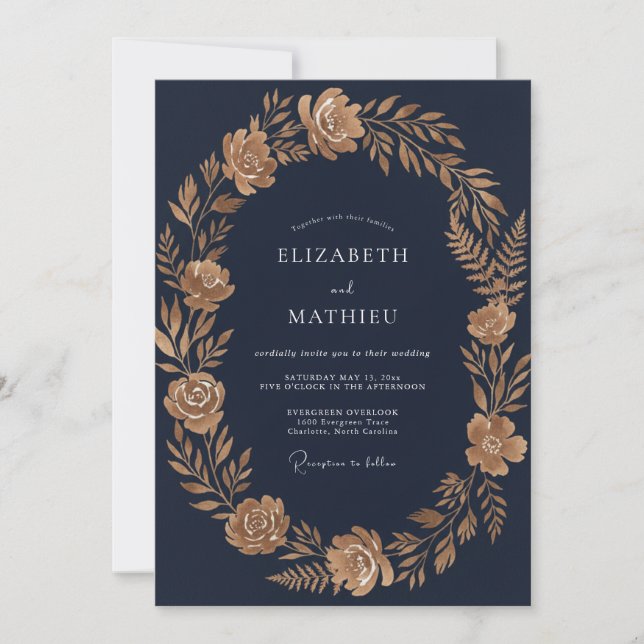 Invitation Mariage Eucalyptus Feuillage Doré de Minuit (Devant)