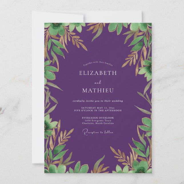 Invitation Mariage Eucalyptus Feuillage Or Améthyste (Devant)