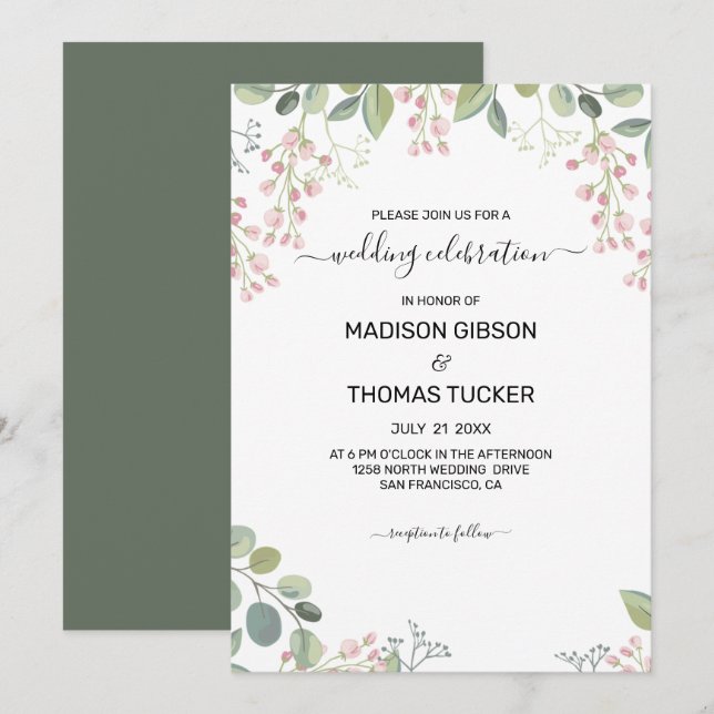 Invitation Mariage Eucalyptus Feuilles Et Fleurs Roses (Devant / Derrière)
