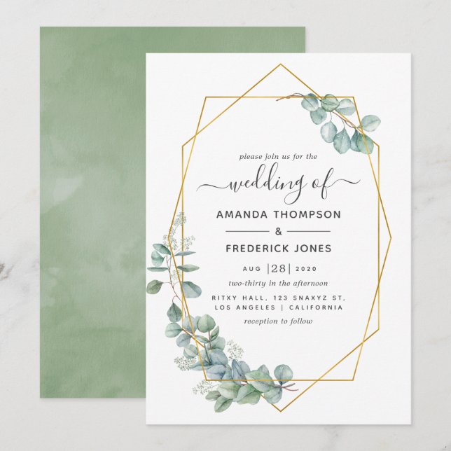 Invitation Mariage Eucalyptus géométrique (Devant / Derrière)