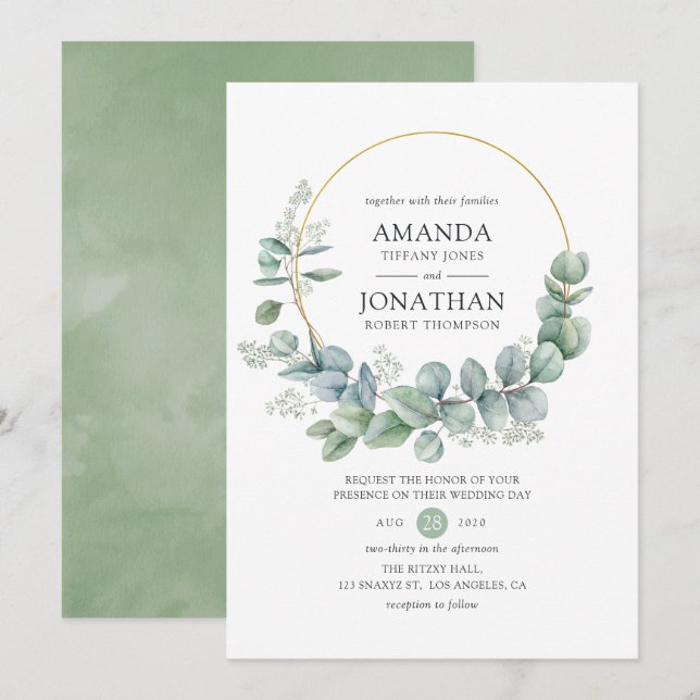 Invitation Mariage Eucalyptus géométrique aquarelle (Devant / Derrière)