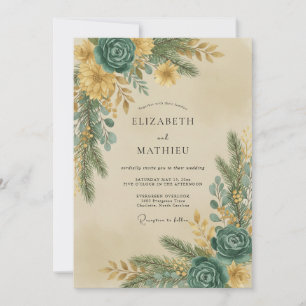 Invitation Mariage Eucalyptus Gris Feuillage Or Sarcelle