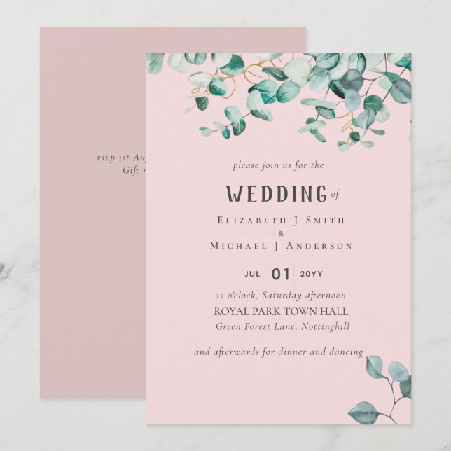 Invitation Mariage Eucalyptus rose Rose poussiéreux (Devant / Derrière)