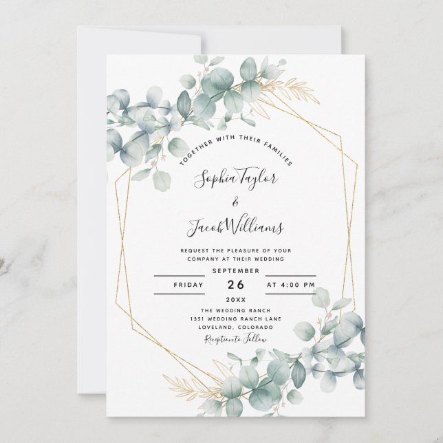 Invitation Mariage Eucalyptus Rustique Géométrique Or Vert (Devant)